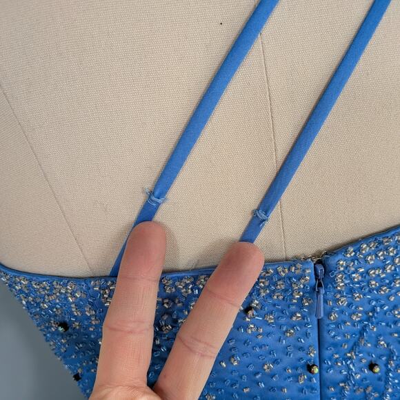 Vintage Prom Dress Maxi Gown 10 Blue Y2K Bead Tulle Shoulder Ball Cinderella - Picture 14 of 16